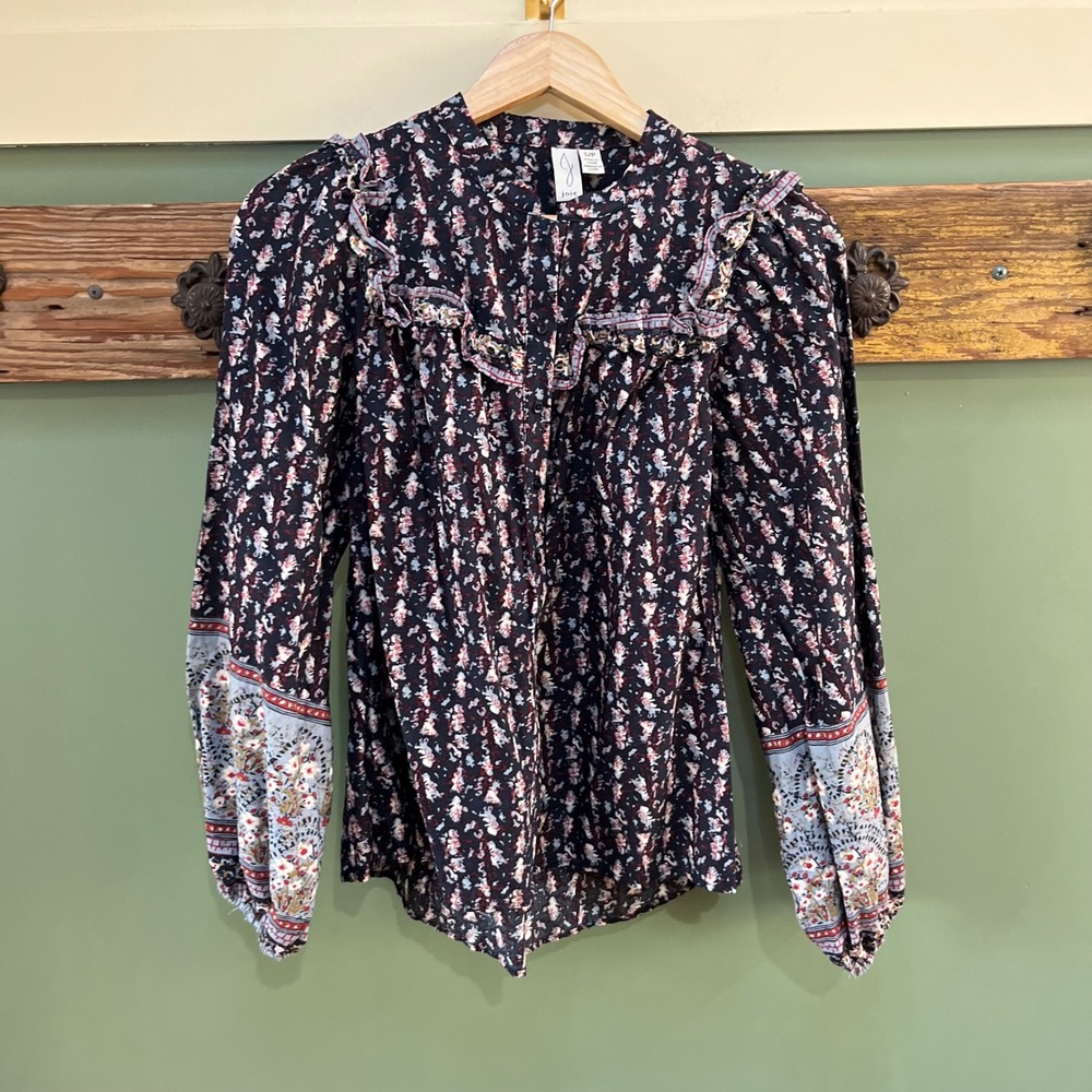 Joie Floral Cotton Ruffle Yoke Balloon Sleeve Boho Blouse Navy Multi S